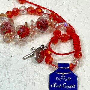 Religious Red & Clear Real Crystal Rosary Bracelet Red Cord Crucifix Charm